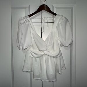 Mi Ami Lightweight Puff Sleeve Open Back Blouse White NWT S
